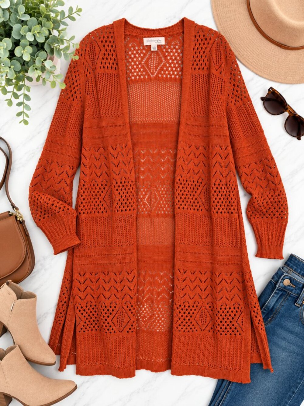 Philosophy XL Rust Orange Crochet Open Knit Long Duster Cardigan